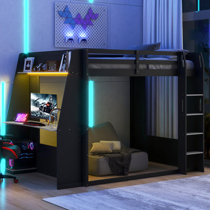 Mirightone™ Wood Bunk Bed with Gaming Desk and Storage Shelf, Gaming Bunk Bed with LED Light & Charging for Gamer Adults