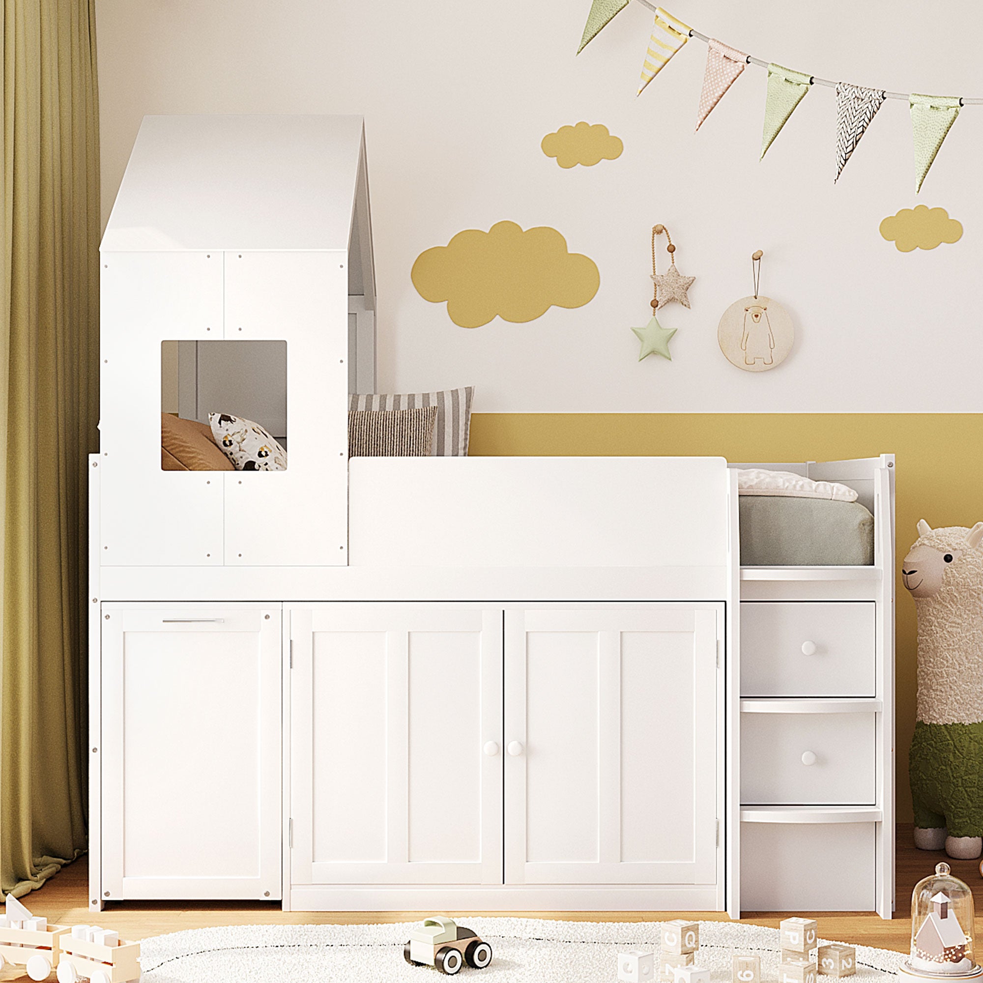 Mirightone™ Twin Size Low Loft Bed with Desk and Storage Cabinets White