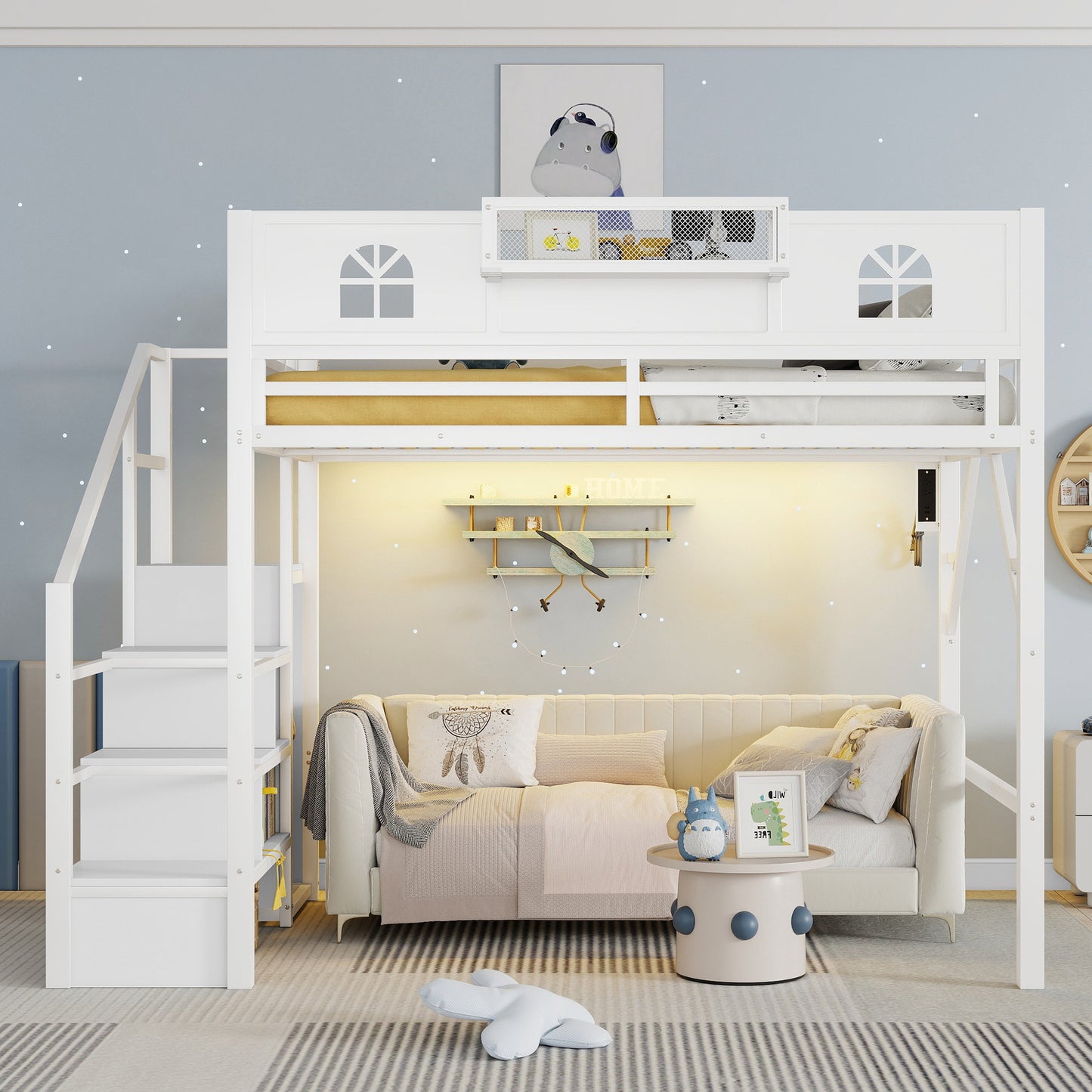 Loft Bed with Stairs and StorageShelf with TallGuardrails, High Loft Beds with Wardrobe, LEDLight & USB for Teens Adults