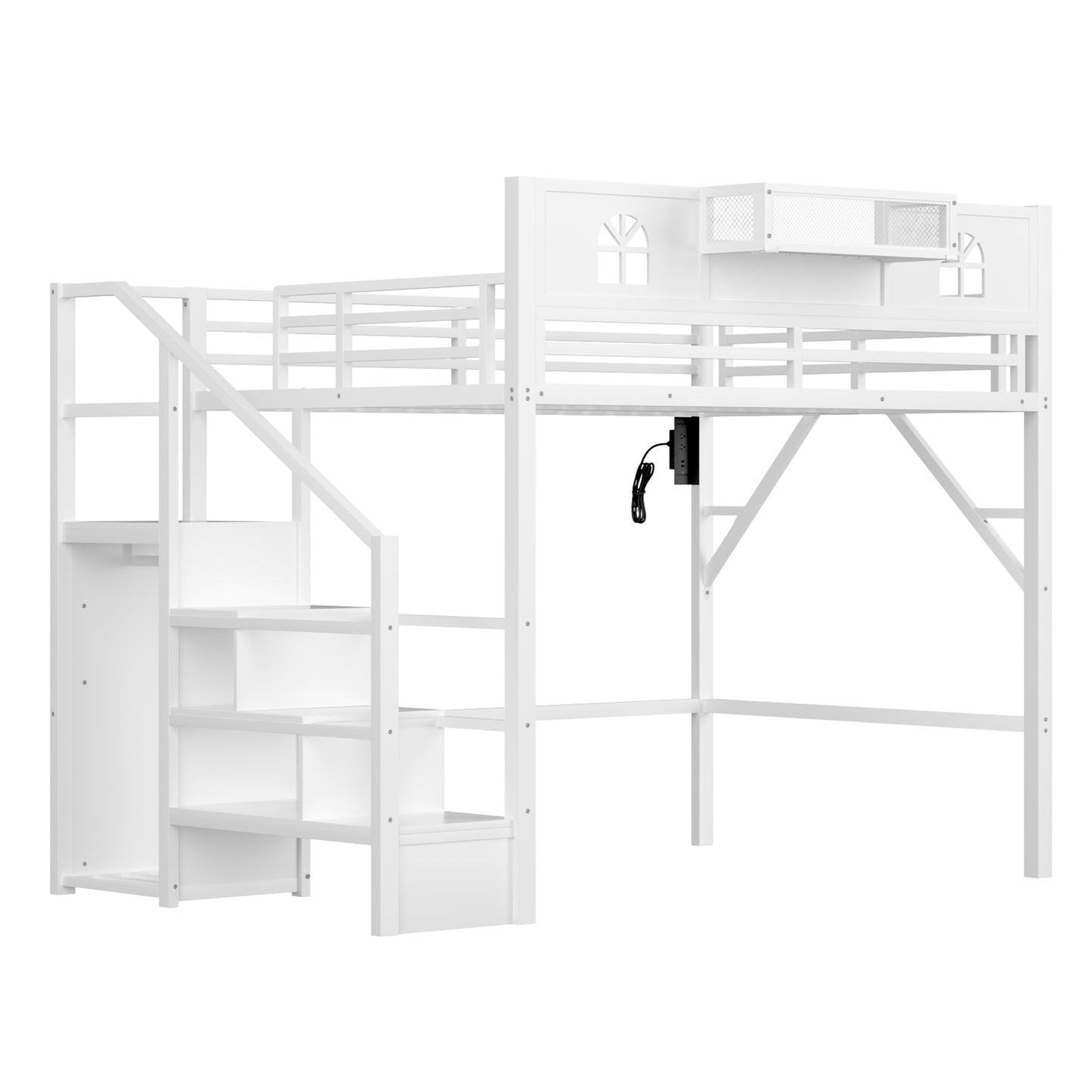 Loft Bed with Stairs and StorageShelf with TallGuardrails, High Loft Beds with Wardrobe, LEDLight & USB for Teens Adults