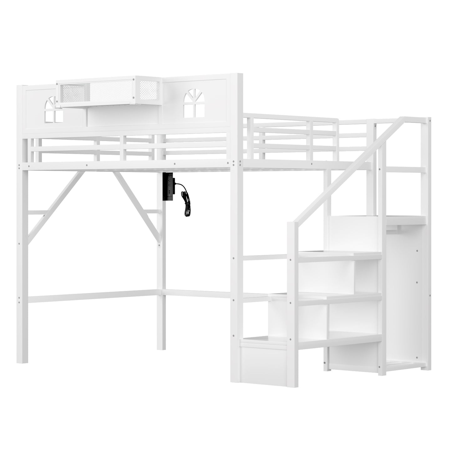 Loft Bed with Stairs and StorageShelf with TallGuardrails, High Loft Beds with Wardrobe, LEDLight & USB for Teens Adults