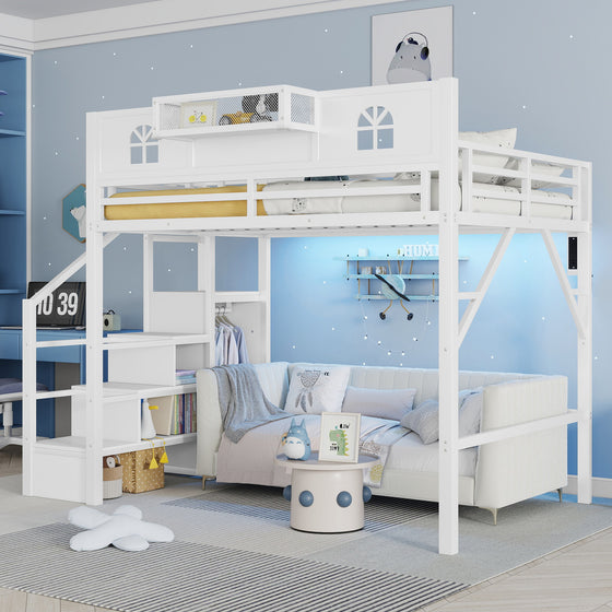 Loft Bed with Stairs and StorageShelf with TallGuardrails, High Loft Beds with Wardrobe, LEDLight & USB for Teens Adults