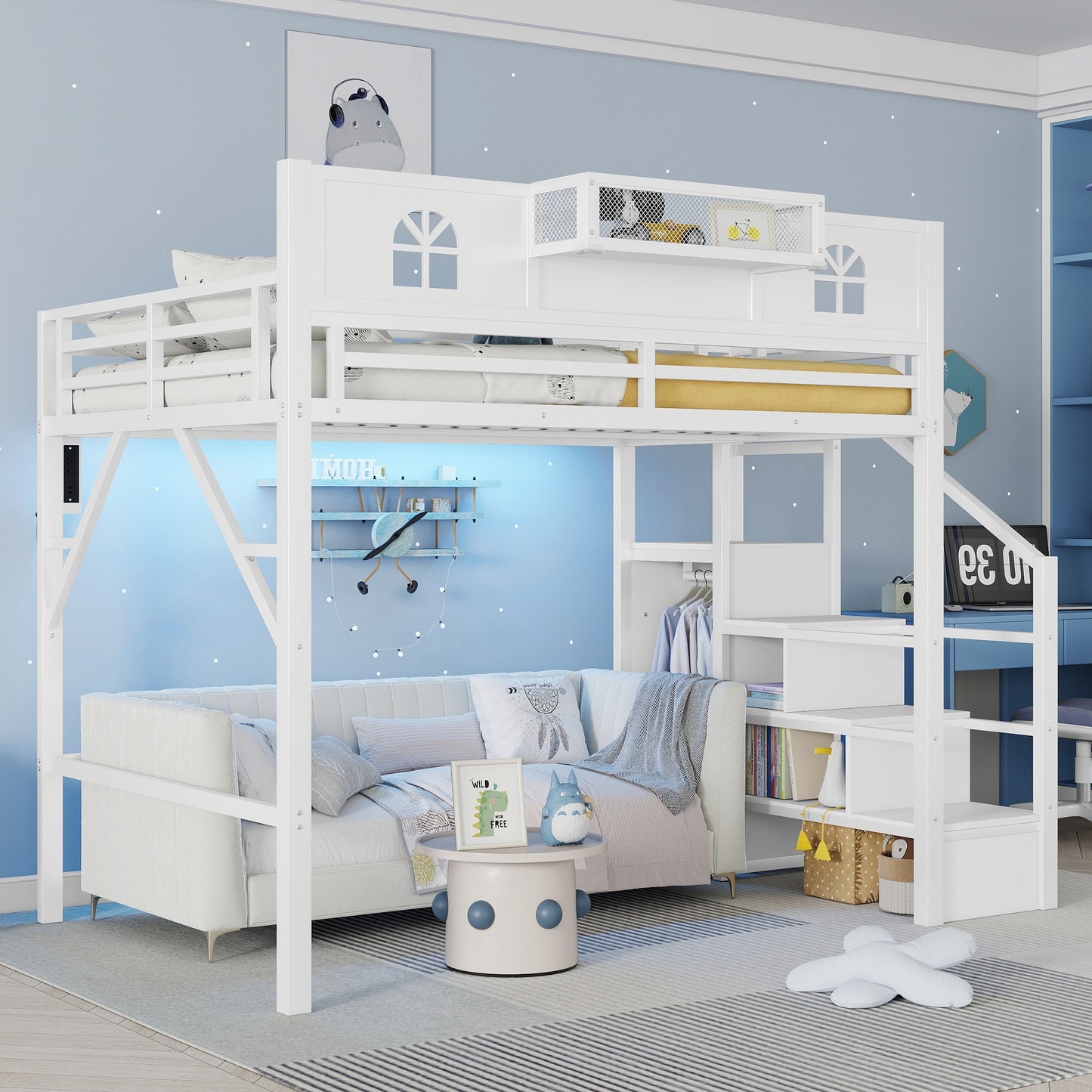 Loft Bed with Stairs and StorageShelf with TallGuardrails, High Loft Beds with Wardrobe, LEDLight & USB for Teens Adults