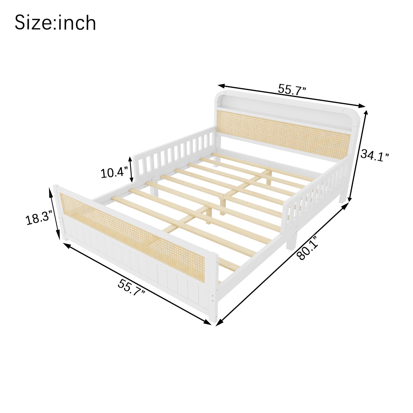 Mirightone™ Rattan Bed Frame with LED Lights and Storage Headboard, Platform Bed with Safety Guardrails for Kids, Natural Kids Bed Frame with Rattan Headboard and Footboard, No Box Spring Needed