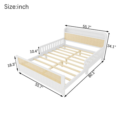 Mirightone™ Rattan Bed Frame with LED Lights and Storage Headboard, Platform Bed with Safety Guardrails for Kids, Natural Kids Bed Frame with Rattan Headboard and Footboard, No Box Spring Needed