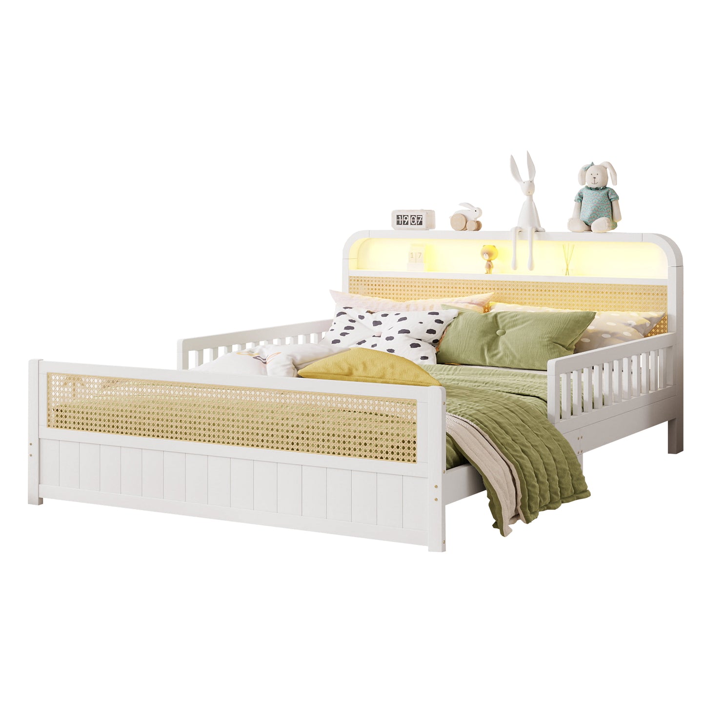 Mirightone™ Rattan Bed Frame with LED Lights and Storage Headboard, Platform Bed with Safety Guardrails for Kids, Natural Kids Bed Frame with Rattan Headboard and Footboard, No Box Spring Needed