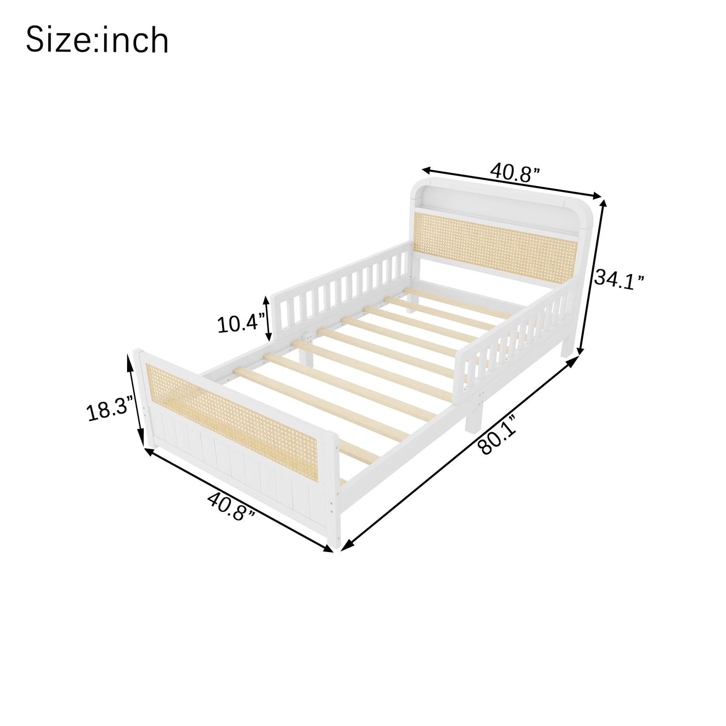 Mirightone™ Rattan Bed Frame with LED Lights and Storage Headboard, Platform Bed with Safety Guardrails for Kids, Natural Kids Bed Frame with Rattan Headboard and Footboard, No Box Spring Needed