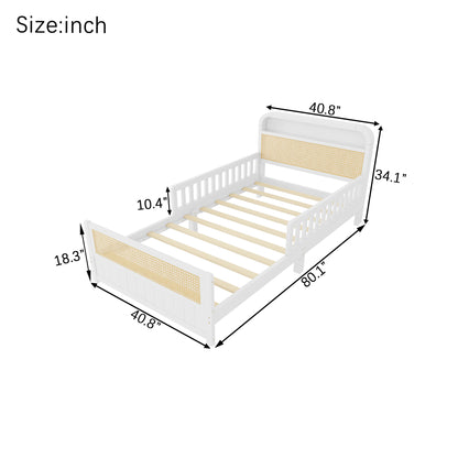 Mirightone™ Rattan Bed Frame with LED Lights and Storage Headboard, Platform Bed with Safety Guardrails for Kids, Natural Kids Bed Frame with Rattan Headboard and Footboard, No Box Spring Needed
