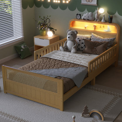 Mirightone™ Rattan Bed Frame with LED Lights and Storage Headboard, Platform Bed with Safety Guardrails for Kids, Natural Kids Bed Frame with Rattan Headboard and Footboard, No Box Spring Needed