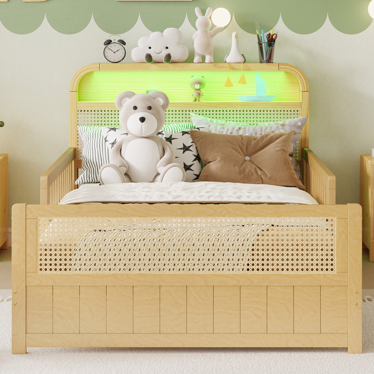 Mirightone™ Rattan Bed Frame with LED Lights and Storage Headboard, Platform Bed with Safety Guardrails for Kids, Natural Kids Bed Frame with Rattan Headboard and Footboard, No Box Spring Needed