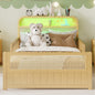 Mirightone™ Rattan Bed Frame with LED Lights and Storage Headboard, Platform Bed with Safety Guardrails for Kids, Natural Kids Bed Frame with Rattan Headboard and Footboard, No Box Spring Needed