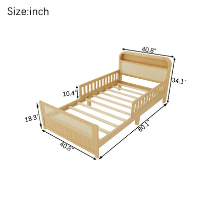 Mirightone™ Rattan Bed Frame with LED Lights and Storage Headboard, Platform Bed with Safety Guardrails for Kids, Natural Kids Bed Frame with Rattan Headboard and Footboard, No Box Spring Needed