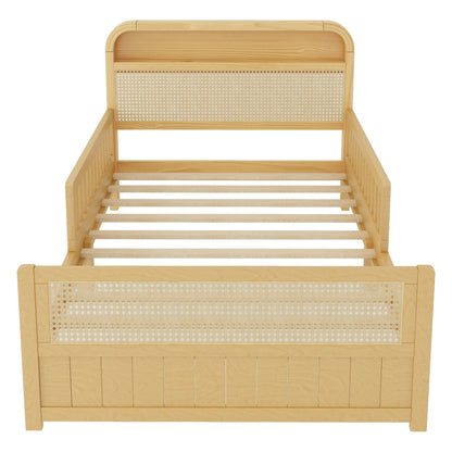 Mirightone™ Rattan Bed Frame with LED Lights and Storage Headboard, Platform Bed with Safety Guardrails for Kids, Natural Kids Bed Frame with Rattan Headboard and Footboard, No Box Spring Needed
