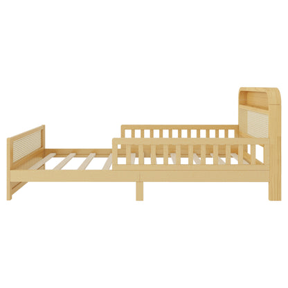 Mirightone™ Rattan Bed Frame with LED Lights and Storage Headboard, Platform Bed with Safety Guardrails for Kids, Natural Kids Bed Frame with Rattan Headboard and Footboard, No Box Spring Needed
