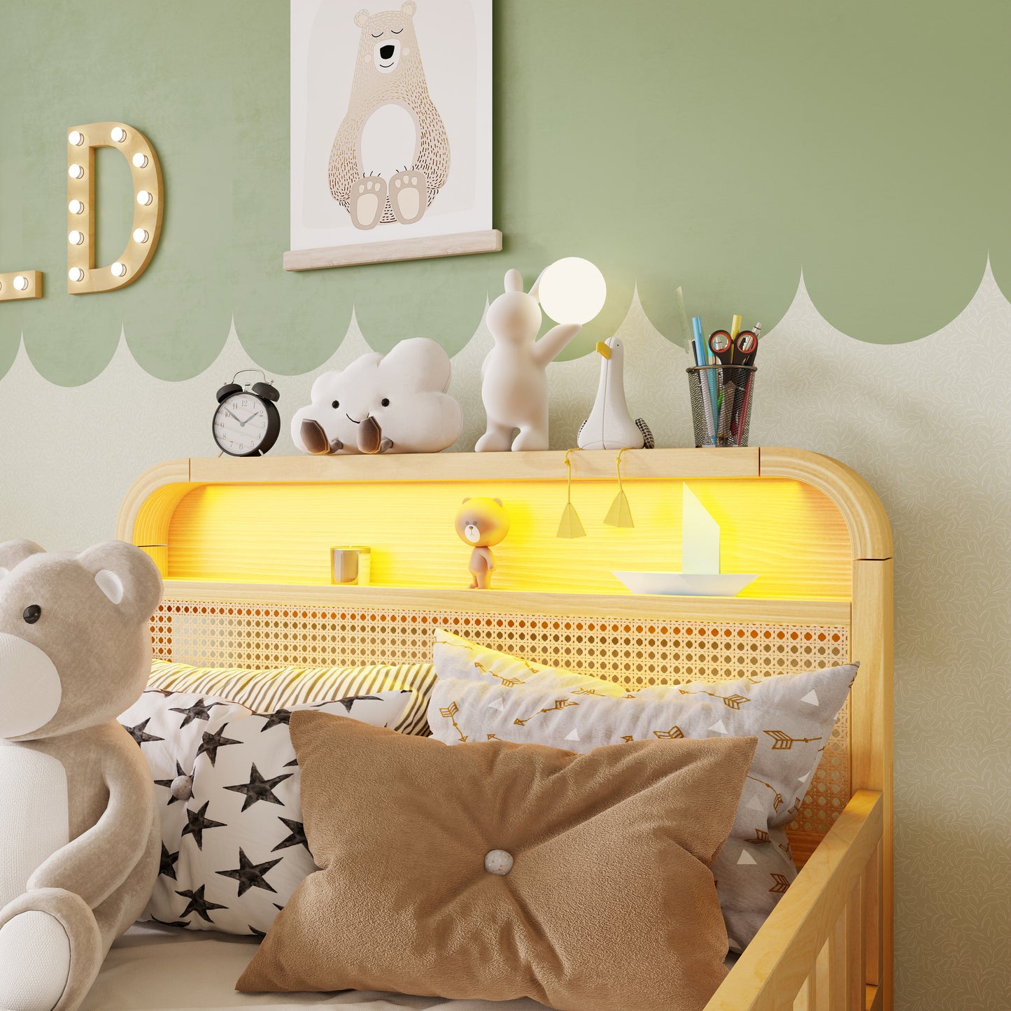 Mirightone™ Rattan Bed Frame with LED Lights and Storage Headboard, Platform Bed with Safety Guardrails for Kids, Natural Kids Bed Frame with Rattan Headboard and Footboard, No Box Spring Needed