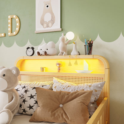 Mirightone™ Rattan Bed Frame with LED Lights and Storage Headboard, Platform Bed with Safety Guardrails for Kids, Natural Kids Bed Frame with Rattan Headboard and Footboard, No Box Spring Needed
