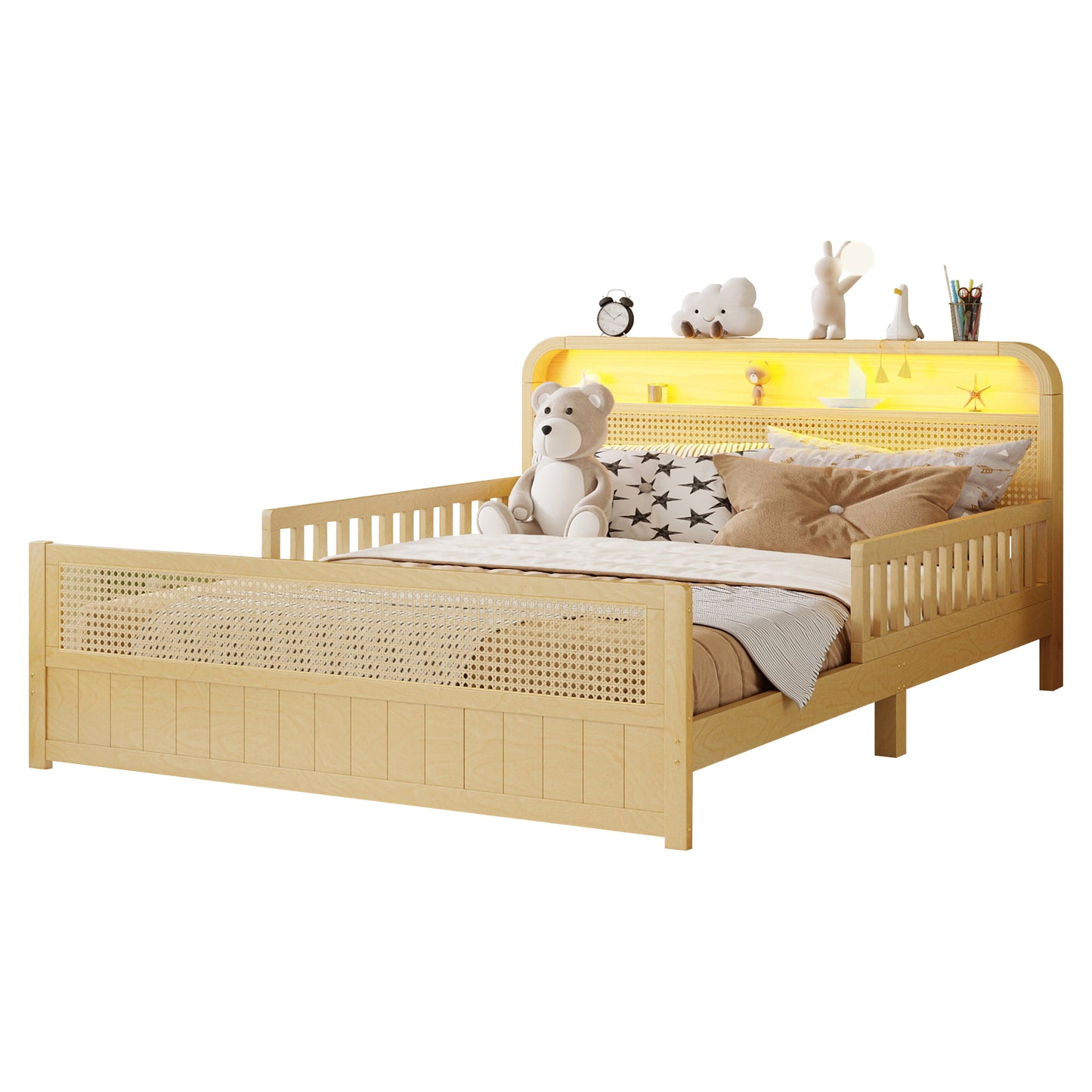 Mirightone™ Rattan Bed Frame with LED Lights and Storage Headboard, Platform Bed with Safety Guardrails for Kids, Natural Kids Bed Frame with Rattan Headboard and Footboard, No Box Spring Needed