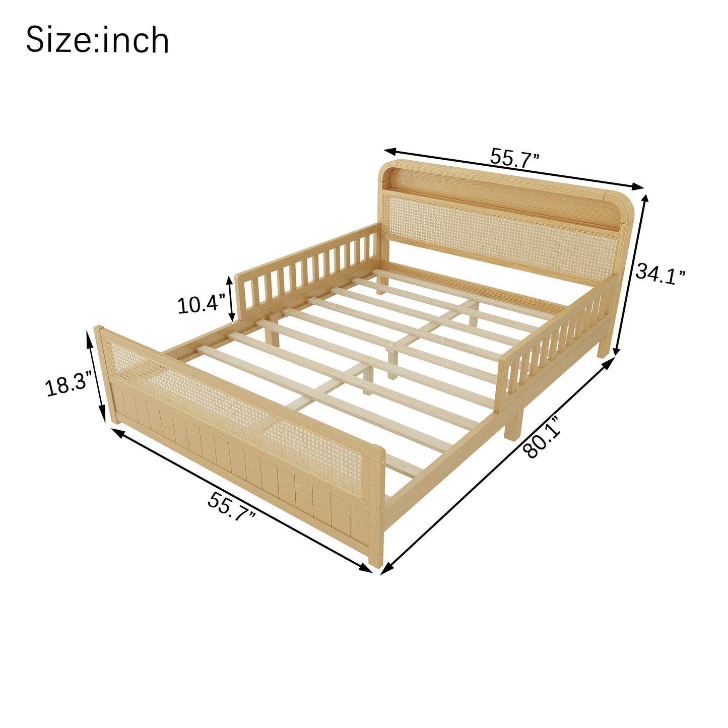 Mirightone™ Rattan Bed Frame with LED Lights and Storage Headboard, Platform Bed with Safety Guardrails for Kids, Natural Kids Bed Frame with Rattan Headboard and Footboard, No Box Spring Needed