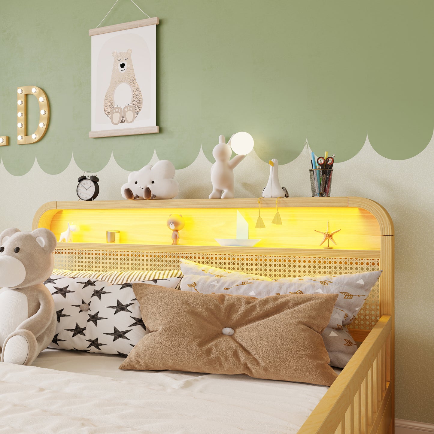 Mirightone™ Rattan Bed Frame with LED Lights and Storage Headboard, Platform Bed with Safety Guardrails for Kids, Natural Kids Bed Frame with Rattan Headboard and Footboard, No Box Spring Needed