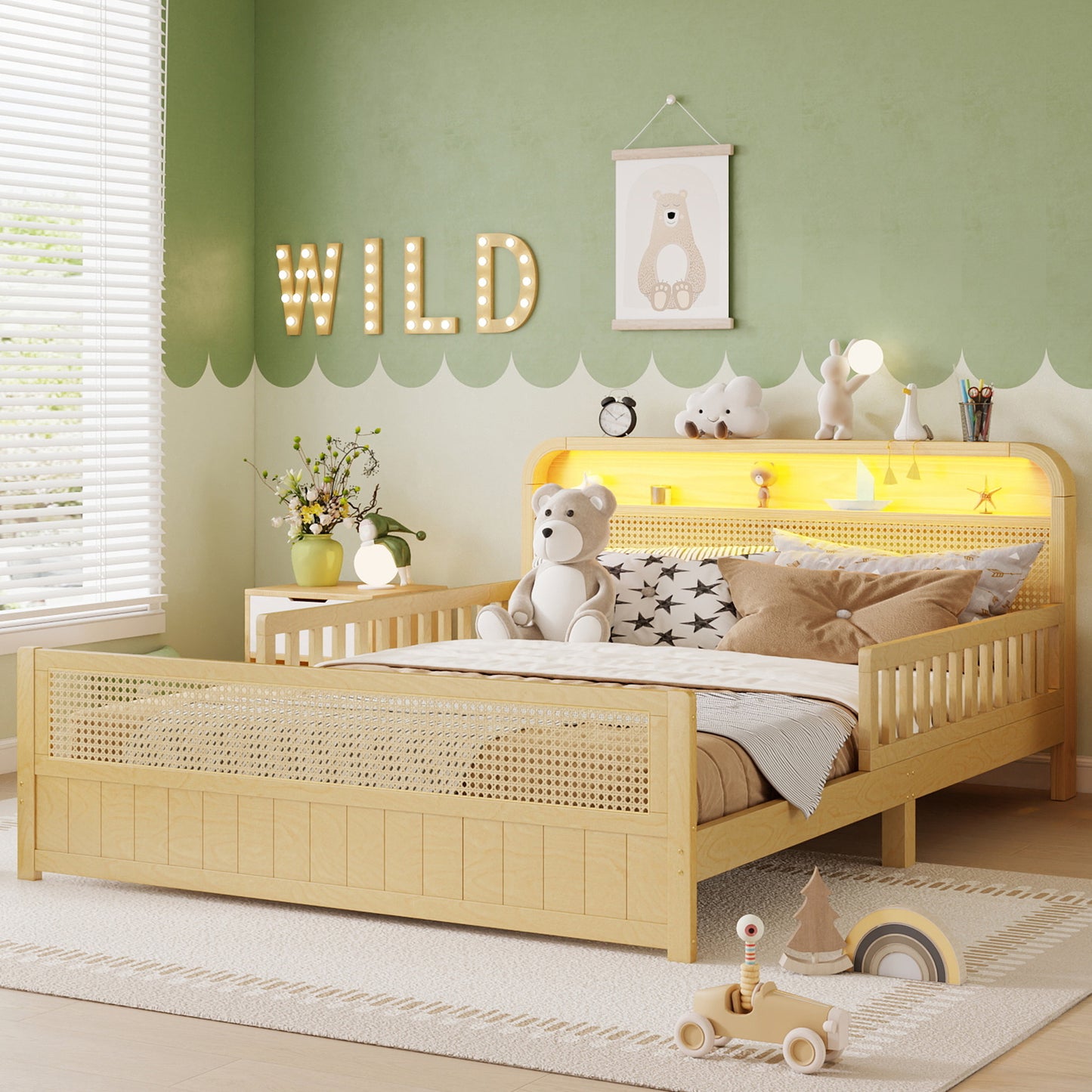 Mirightone™ Rattan Bed Frame with LED Lights and Storage Headboard, Platform Bed with Safety Guardrails for Kids, Natural Kids Bed Frame with Rattan Headboard and Footboard, No Box Spring Needed