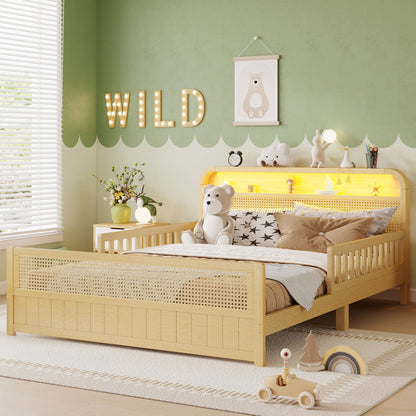 Mirightone™ Rattan Bed Frame with LED Lights and Storage Headboard, Platform Bed with Safety Guardrails for Kids, Natural Kids Bed Frame with Rattan Headboard and Footboard, No Box Spring Needed