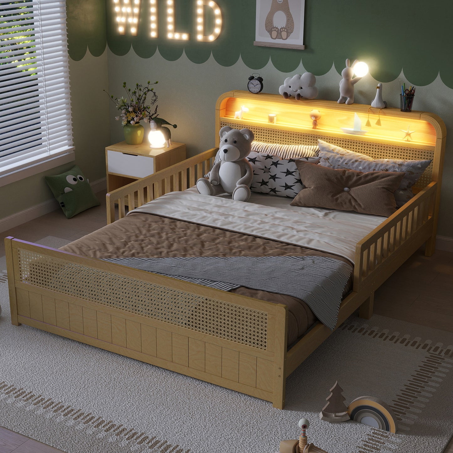 Mirightone™ Rattan Bed Frame with LED Lights and Storage Headboard, Platform Bed with Safety Guardrails for Kids, Natural Kids Bed Frame with Rattan Headboard and Footboard, No Box Spring Needed