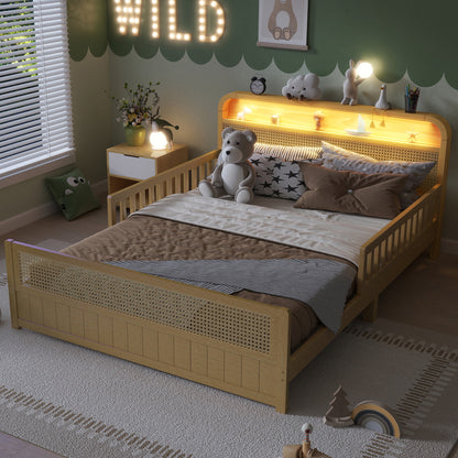 Mirightone™ Rattan Bed Frame with LED Lights and Storage Headboard, Platform Bed with Safety Guardrails for Kids, Natural Kids Bed Frame with Rattan Headboard and Footboard, No Box Spring Needed