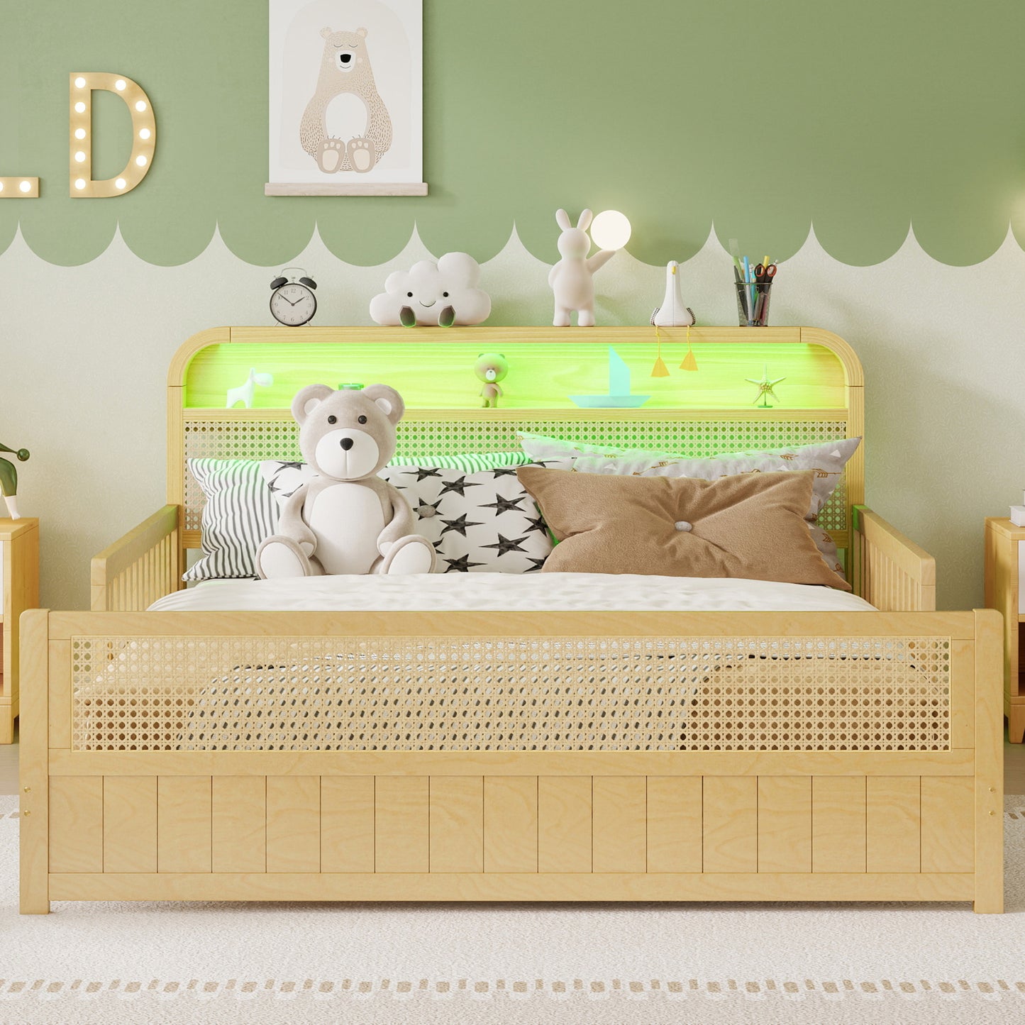 Mirightone™ Rattan Bed Frame with LED Lights and Storage Headboard, Platform Bed with Safety Guardrails for Kids, Natural Kids Bed Frame with Rattan Headboard and Footboard, No Box Spring Needed