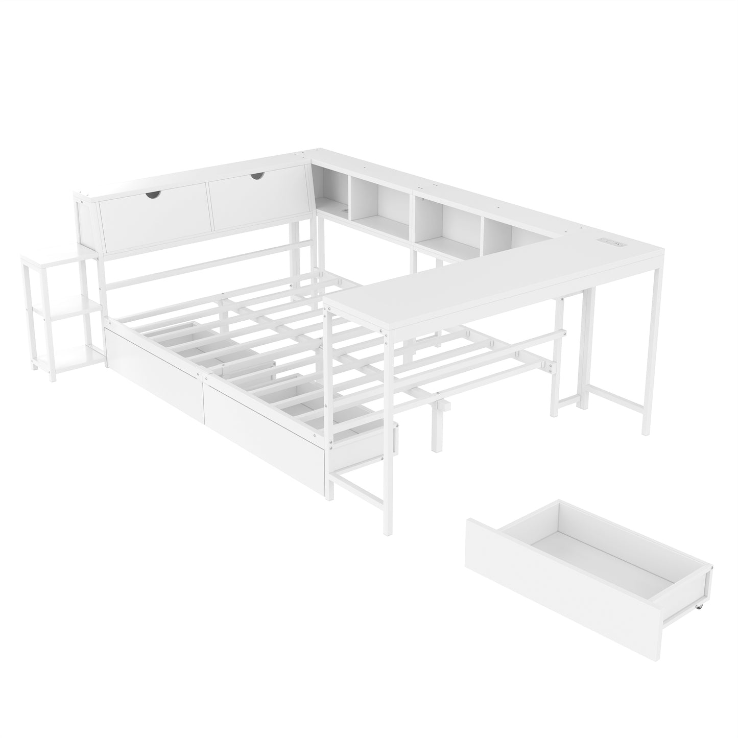 Mirightone™ Daybed with Desk and Storage, Corner Bed Frame with LED Light & Charging Station for Adults Teens Kids, White