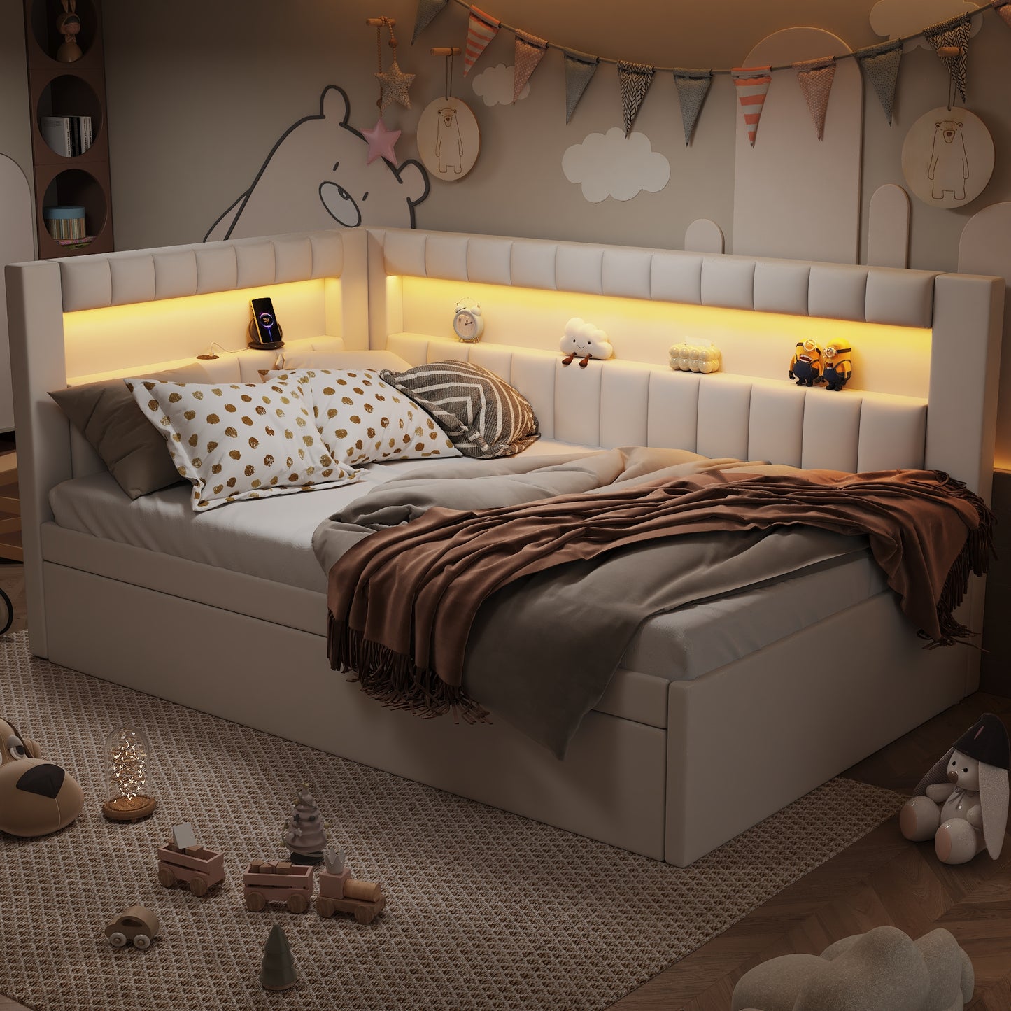 Mirightone™ Upholstered Daybed with Desk and Storage, Corner Bed with LED Light & Charging Station for Adults Teens Kids