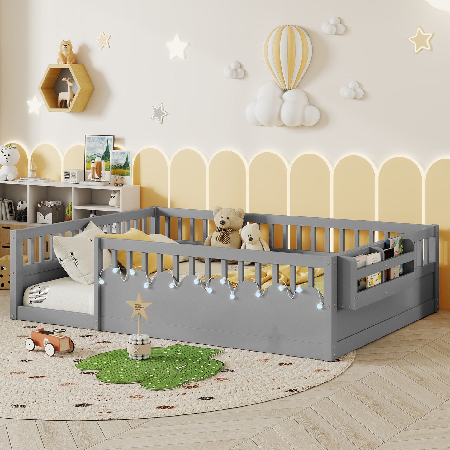 Mirightone™  Montessori Floor Bed Frame with High Rails, Wood Kids Floor Beds with Light and Storage Shelf