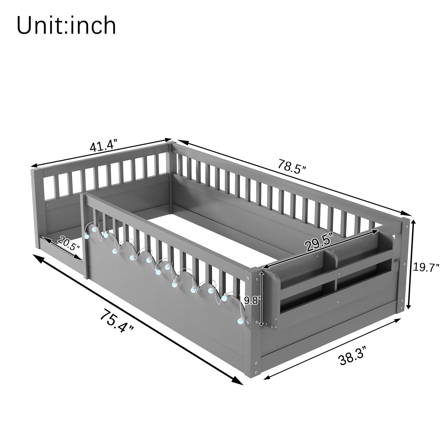 Mirightone™  Montessori Floor Bed Frame with High Rails, Wood Kids Floor Beds with Light and Storage Shelf