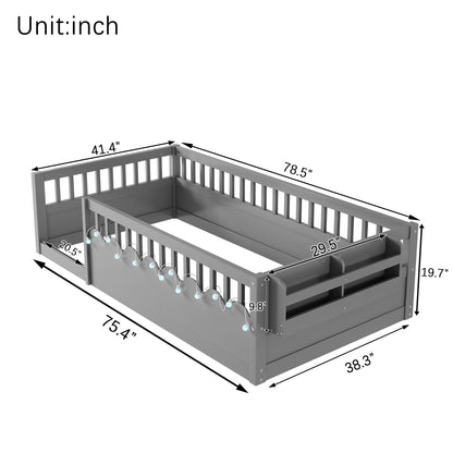 Mirightone™  Montessori Floor Bed Frame with High Rails, Wood Kids Floor Beds with Light and Storage Shelf
