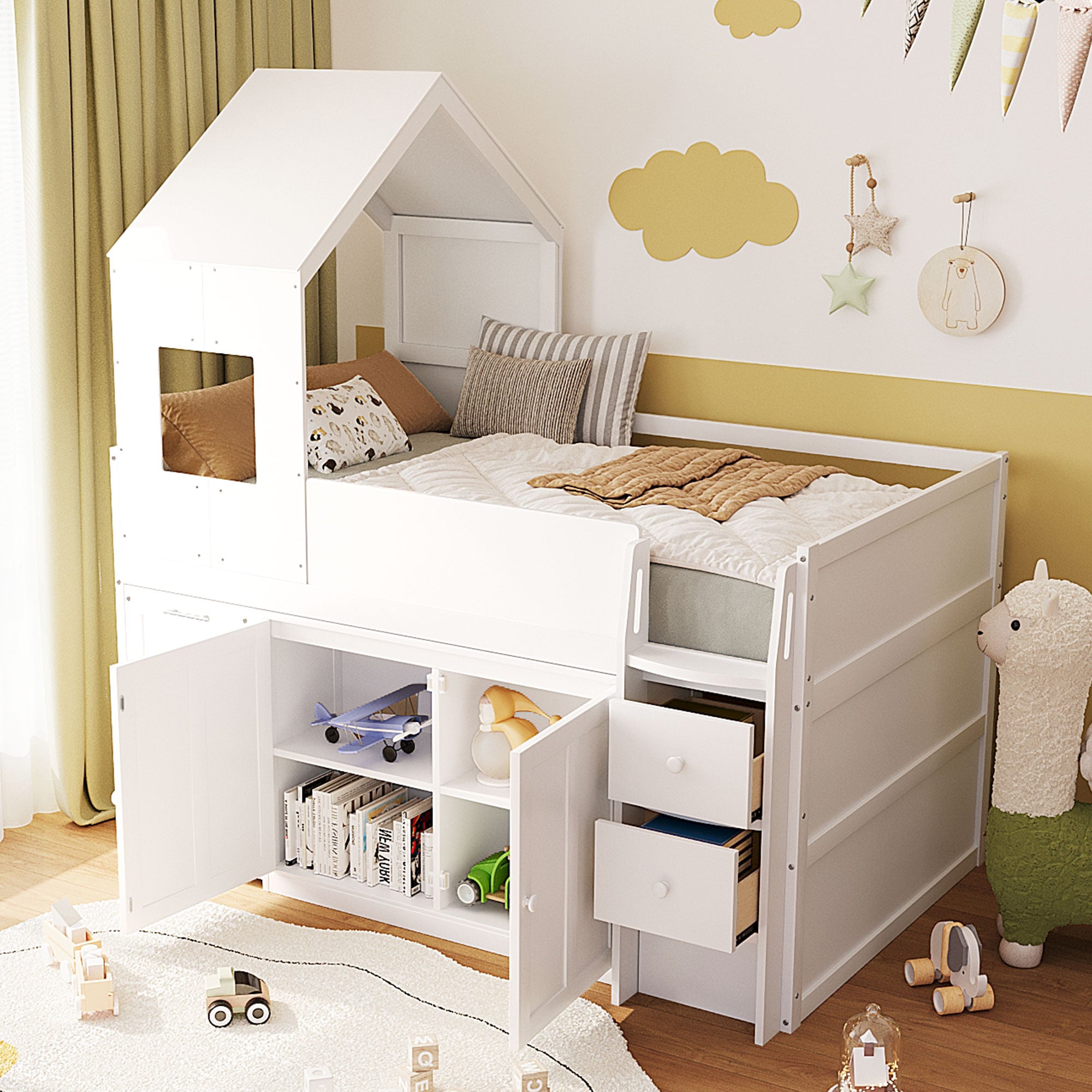 Mirightone™ Twin Size Low Loft Bed with Desk and Storage Cabinets White
