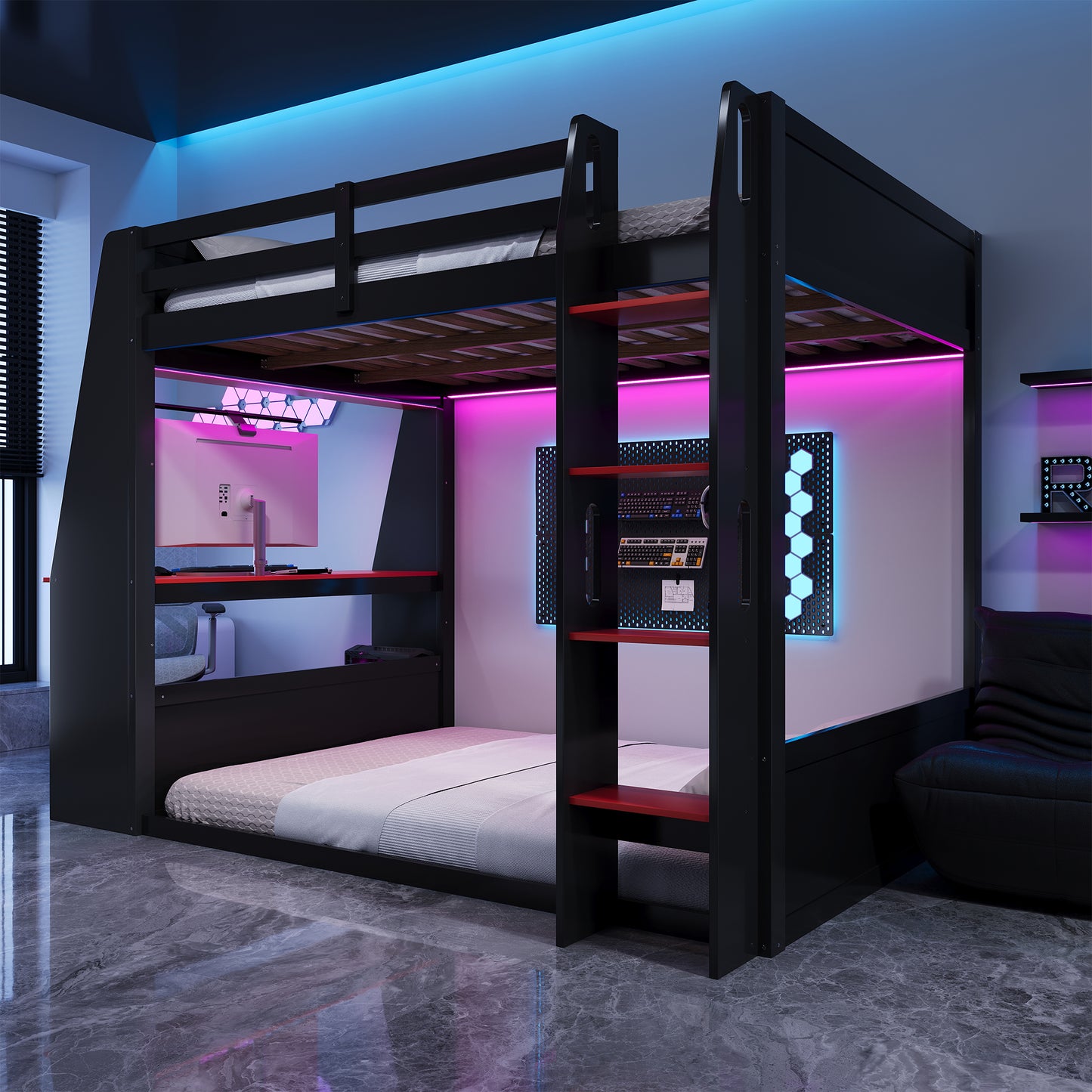 Mirightone™ Wood Bunk Bed with Gaming Desk and Storage Shelf, Gaming Bunk Bed with LED Light & Charging for Gamer Adults