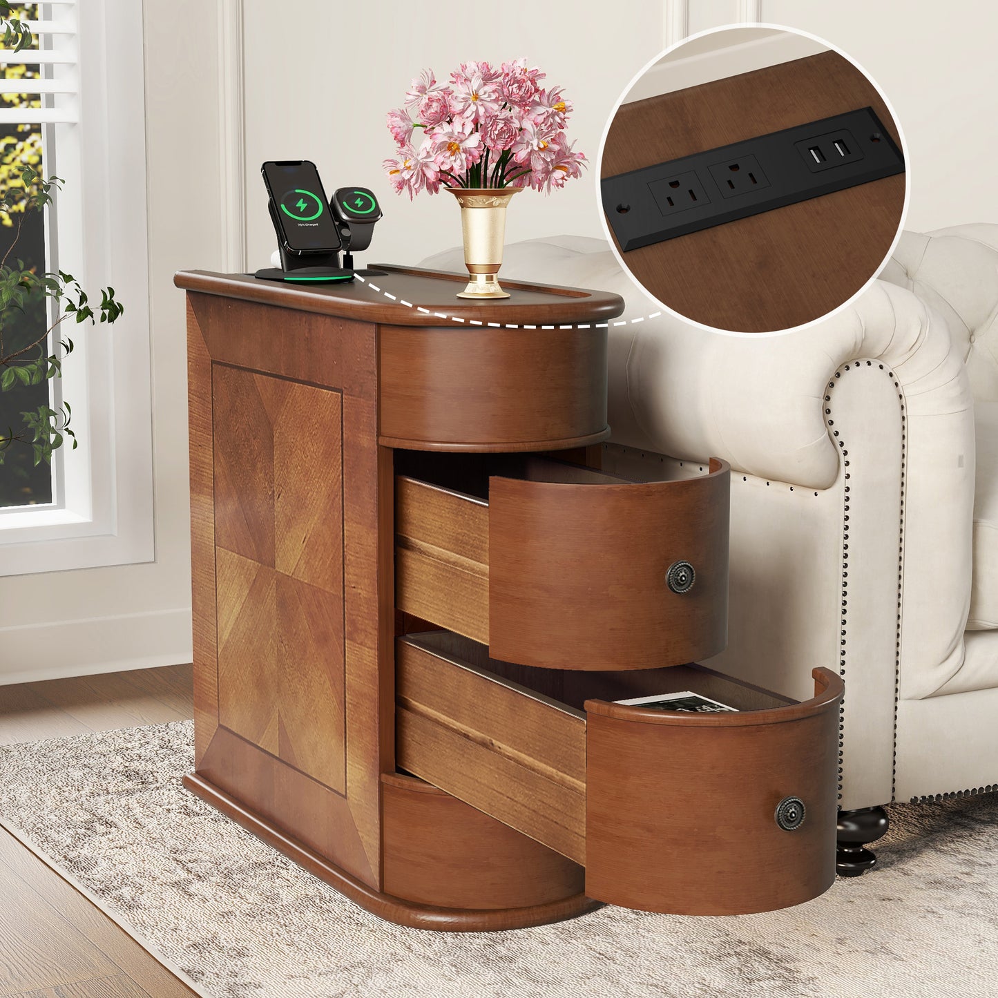 Narrow End Table with Charging Station, Brown