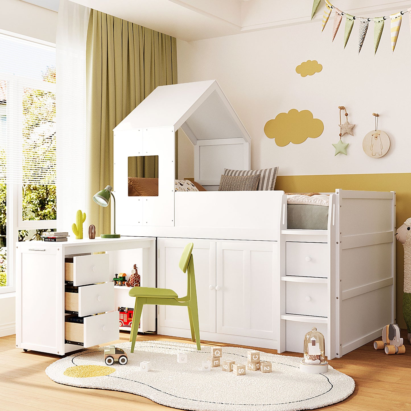Mirightone™ Twin Size Low Loft Bed with Desk and Storage Cabinets White