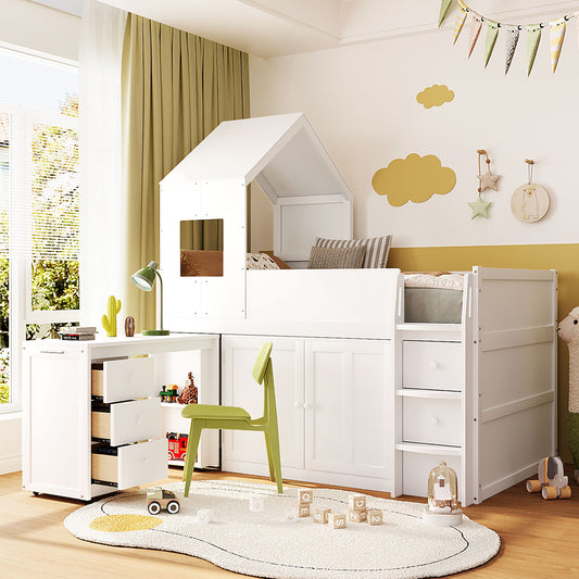Mirightone™ Twin Size Low Loft Bed with Desk and Storage Cabinets White