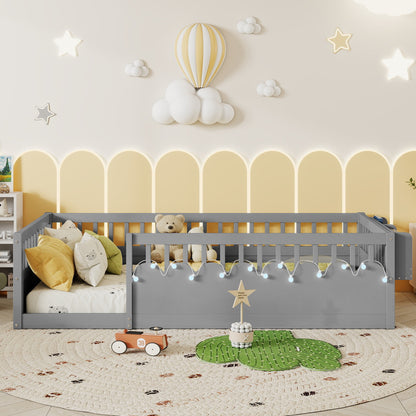 Mirightone™  Montessori Floor Bed Frame with High Rails, Wood Kids Floor Beds with Light and Storage Shelf