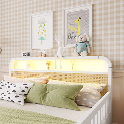 Mirightone™ Rattan Bed Frame with LED Lights and Storage Headboard, Platform Bed with Safety Guardrails for Kids, Natural Kids Bed Frame with Rattan Headboard and Footboard, No Box Spring Needed