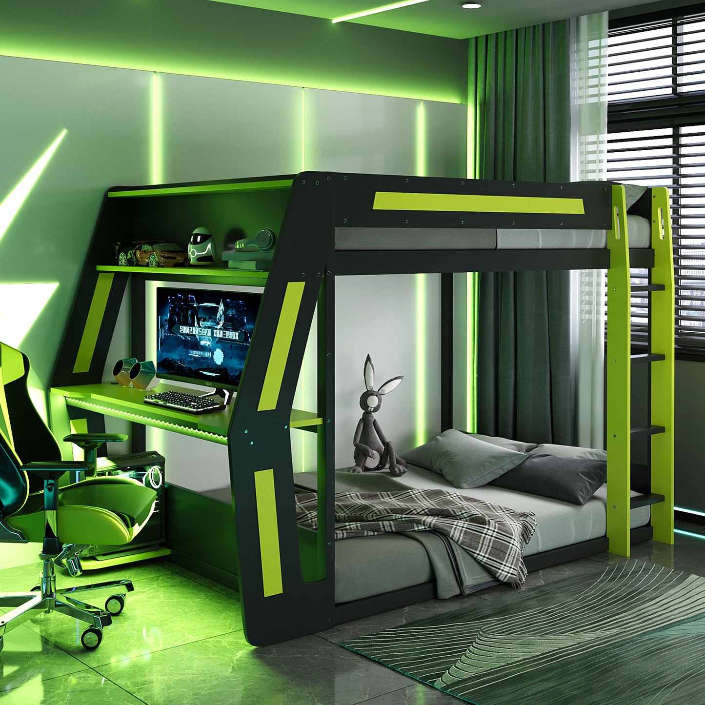 Mirightone™ Gaming Bunk Bed with Desk and Storage Shelf, LED Lights, USB Charging for Boys Gamer Adults