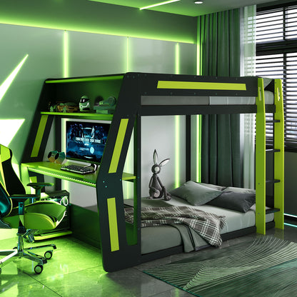 Mirightone™ Gaming Bunk Bed with Desk and Storage Shelf, LED Lights, USB Charging for Boys Gamer Adults