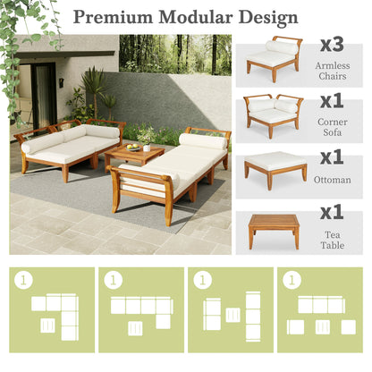6pieceacaciawoodpatiosofasetwithmodularL-shapedsectionaldesign_outdoorfurnituresetwitharmlesschairs_cornersofa_ottomanandteatable