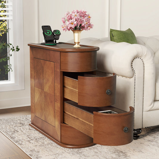 Narrow End Table with Charging Station, Brown