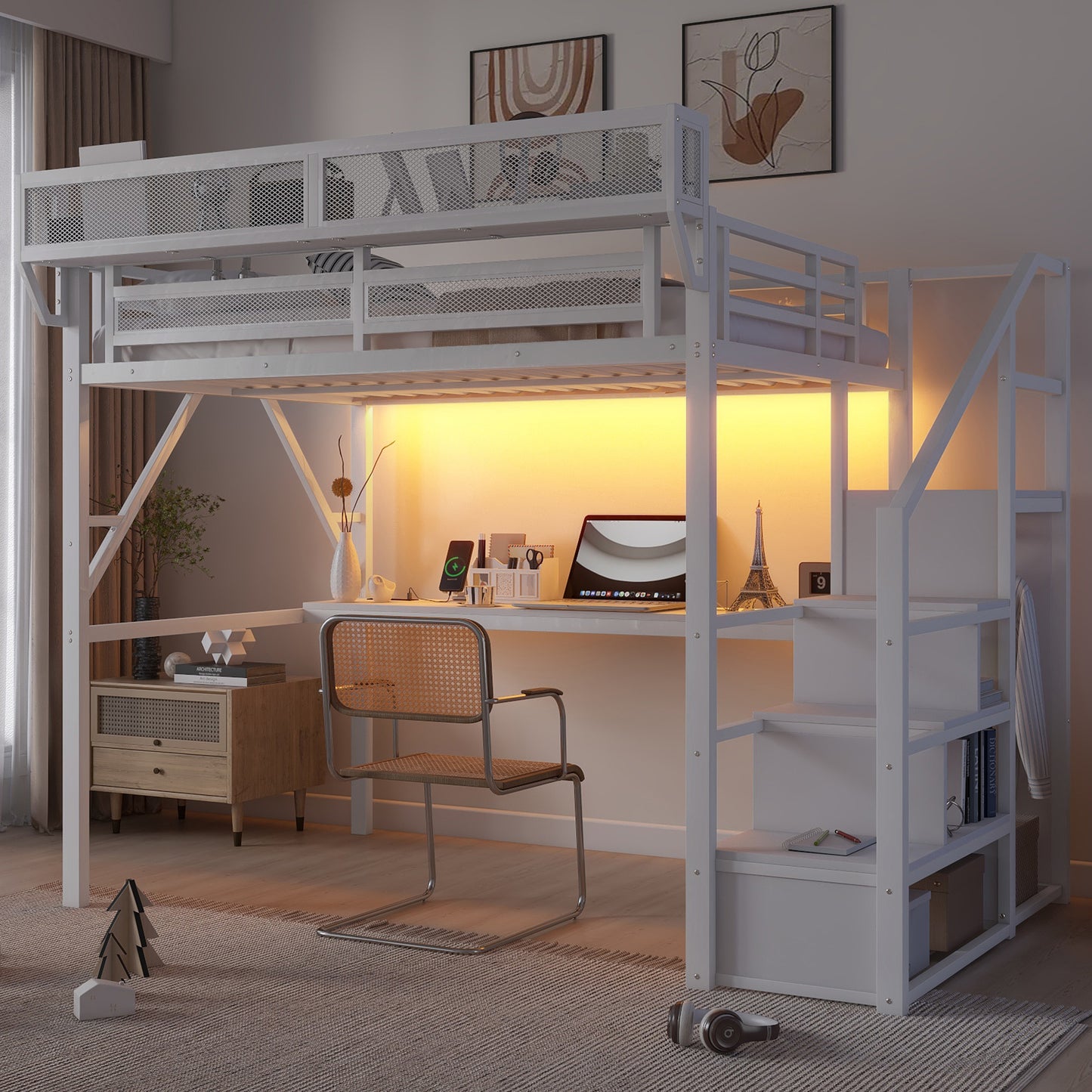 Mirightone™  Loft Bed with Desk and Charging Station, Metal Loft Bed with Stairs and Light for Kids Teens