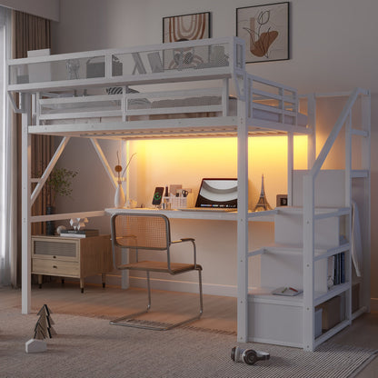 Mirightone™  Loft Bed with Desk and Charging Station, Metal Loft Bed with Stairs and Light for Kids Teens