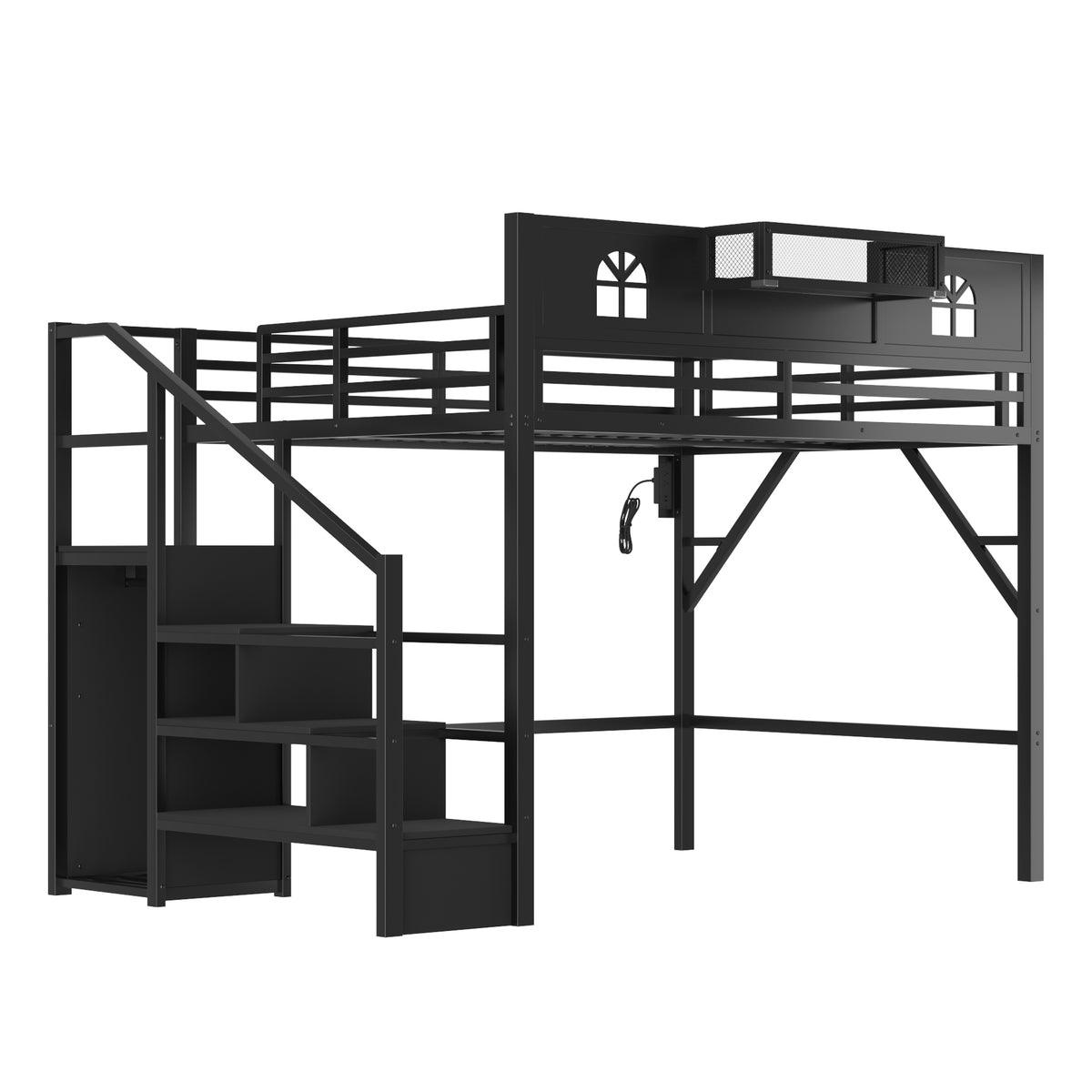 Mirightone™ Metal Loft Bed with Stairs, Storage,Wardrobe, LED Light & USB for Adults Teens Kids,Black