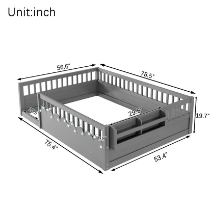 Mirightone™  Montessori Floor Bed Frame with High Rails, Wood Kids Floor Beds with Light and Storage Shelf