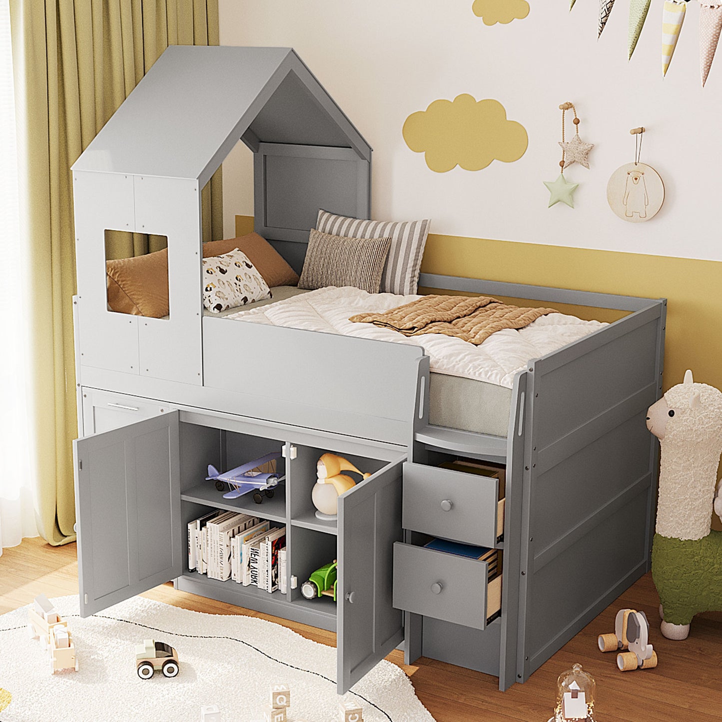 Mirightone™ Twin Size Low Loft Bed with Desk and Storage Cabinets White