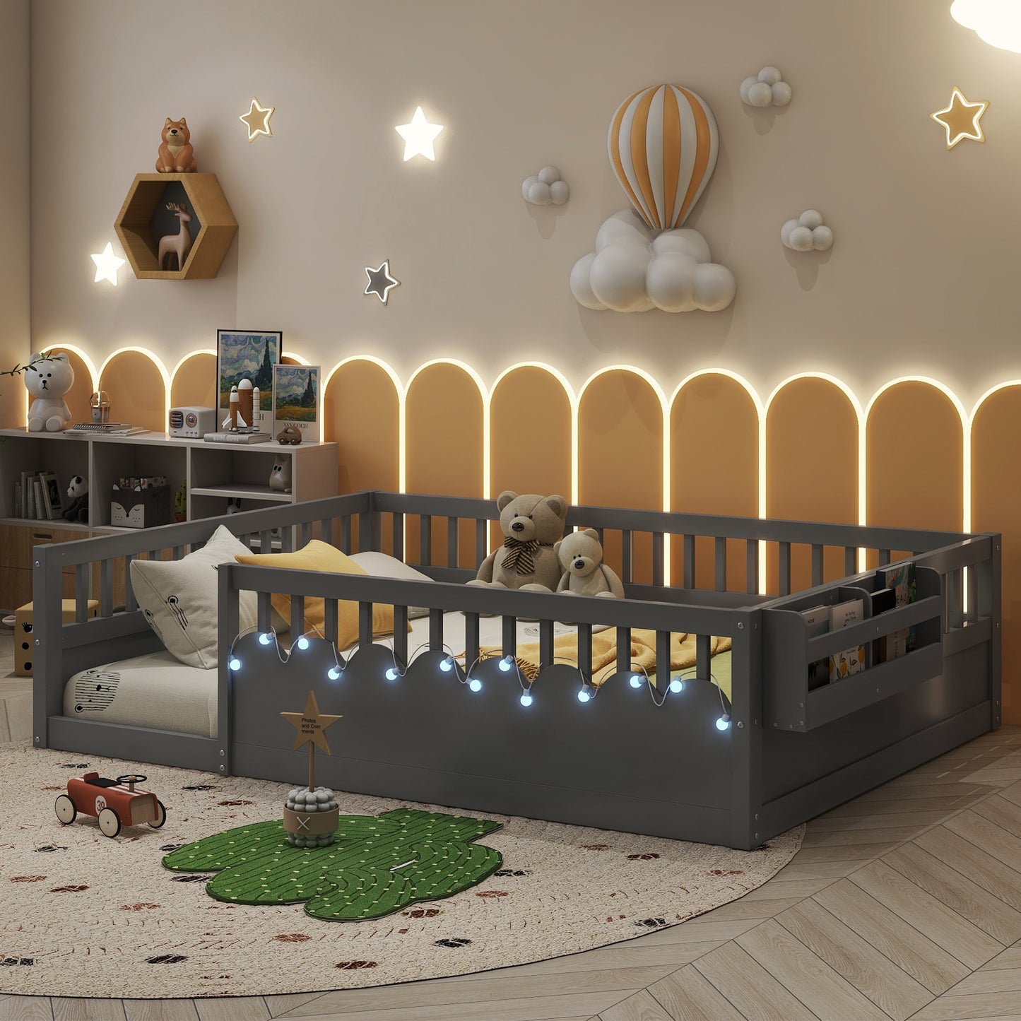 Mirightone™  Montessori Floor Bed Frame with High Rails, Wood Kids Floor Beds with Light and Storage Shelf